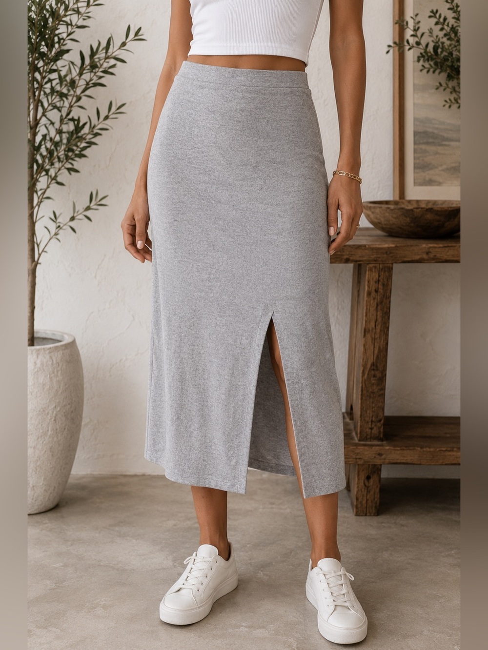 Banana Republic Gray Sweater Midi Skirt with Side Slit